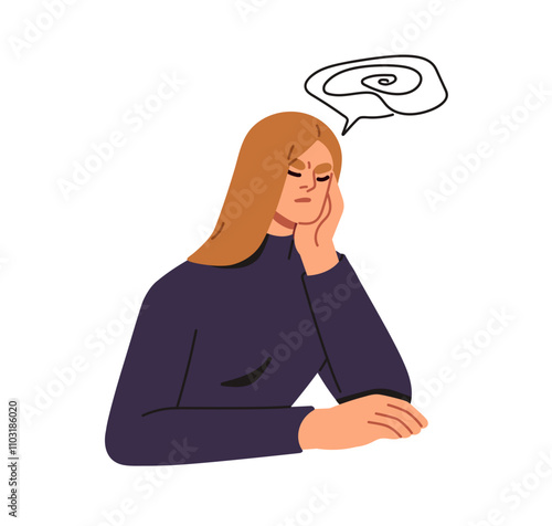 Confused woman with thoughtful pensive expression. Messy intrusive thoughts and overthinking concept. Concerned worried frustrated female. Flat vector illustration isolated on white background