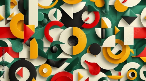 Abstract geometric pattern with circles, squares, and triangles in bright colors on a green background.