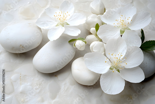 Serenity of White Blossoms on Pristine Stone Ground - A Tranquil Contrast of Nature's Purity