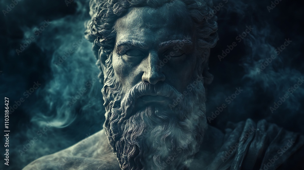 A striking, dark-toned statue of a bearded figure, exuding wisdom and power, surrounded by ethereal smoke. A striking, dark-toned statue of a bearded figure, exuding wisdom and power, surrounded by ethereal smoke.