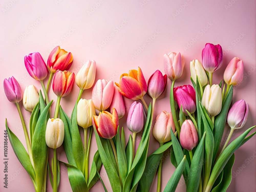 Fototapeta premium Spring Tulip Flowers Flat Lay on Soft Pink Background - Low Light Photography, Floral Aesthetics, Modern Decor, Nature Inspired, Spring Vibes, Elegant, Colorful Blooms, Minimalist Design