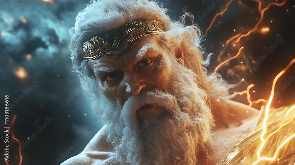A powerful, mythological figure with a flowing beard, wielding lightning, set against a dramatic, stormy backdrop. A powerful, mythological figure with a flowing beard, wielding lightning, set against a dramatic, stormy backdrop.