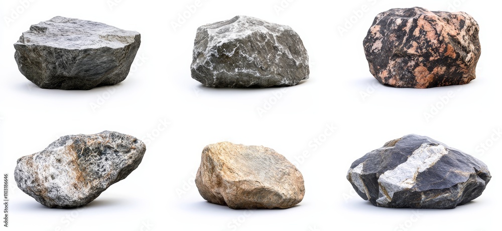 Six isolated rocks with different textures and colors on a white background. Six isolated rocks with different textures and colors on a white background.