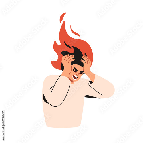 Frustrated overwhelmed person with fire on head. Frustration, stress, emotional agony, psychology concept. Mad angry anguish character, hysteria. Flat vector illustration isolated on white background