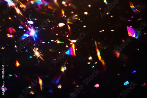 Colorful light spectrum sparkles on dark background. Futuristic design visual, abstract digital art. Сinematic sparkling in the air, glowy iridescence bokeh sparkles. Festive light leak overlay photo