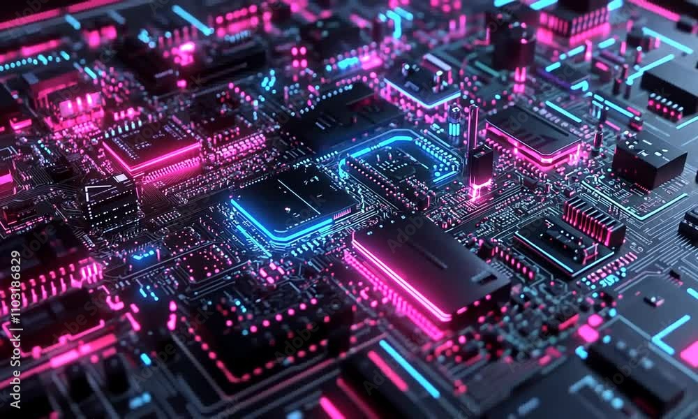 A vibrant, futuristic circuit board with glowing pink and blue lights, showcasing technology. A vibrant, futuristic circuit board with glowing pink and blue lights, showcasing technology.
