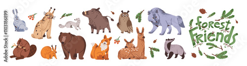 Cute forest animals set. Happy fauna of woodland nature with branches. Different wild friendly beasts- bear, deer, fox, owl, hare, squirrel. Flat isolated vector illustrations on white background
