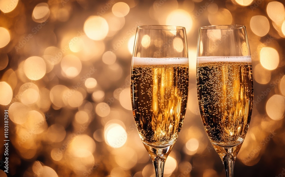 Two sparkling champagne flutes against a backdrop of golden bokeh lights, creating an elegant and festive atmosphere. Two sparkling champagne flutes against a backdrop of golden bokeh lights, creating an elegant and festive atmosphere.
