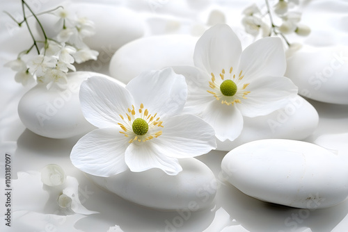 Serenity of White Blossoms on Pristine Stone Ground - A Tranquil Contrast of Nature's Purity