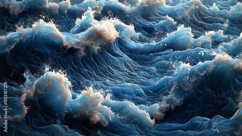 A mesmerizing view of turbulent ocean waves, showcasing shades of blue and white, capturing the dynamic and powerful nature of the sea.