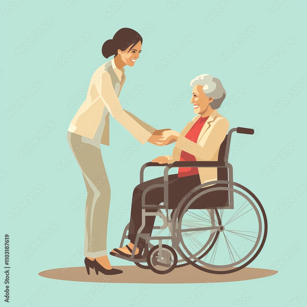 young woman caring for elderly grey-haired woman in wheelchair young woman caring for elderly grey-haired woman in wheelchair
