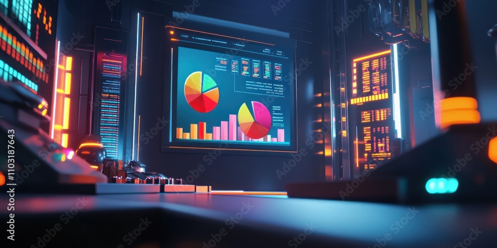 A futuristic control room displaying data analytics with vibrant graphs and charts. A futuristic control room displaying data analytics with vibrant graphs and charts.