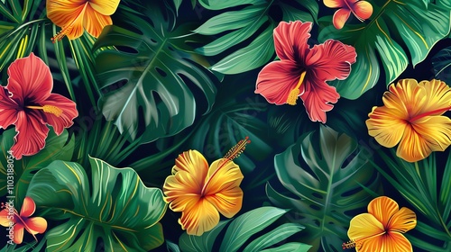 A tropical floral pattern with lush green leaves and bright yellow and pink flowers.