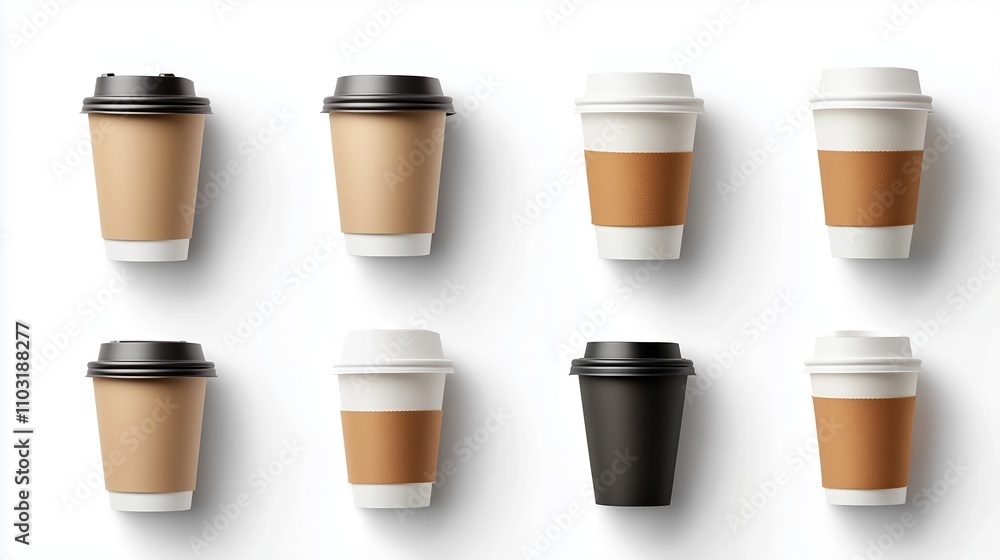 Variety of coffee cups arranged in a grid pattern showcasing different designs and colors for beverages Variety of coffee cups arranged in a grid pattern showcasing different designs and colors for beverages