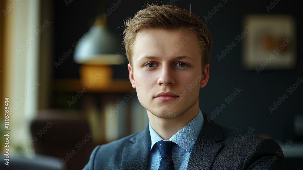 Confident young professional in a suit, sitting in a modern office setting.