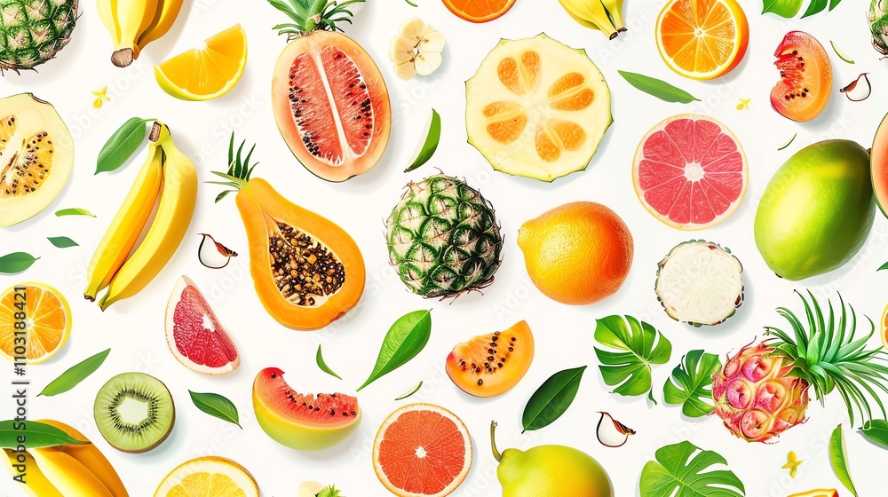 A seamless pattern of tropical fruits. A seamless pattern of tropical fruits.