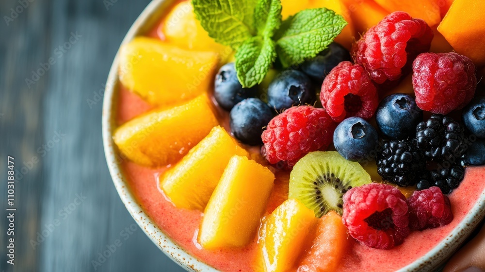 Vibrant smoothie bowl with fresh fruit and mint garnish Vibrant smoothie bowl with fresh fruit and mint garnish
