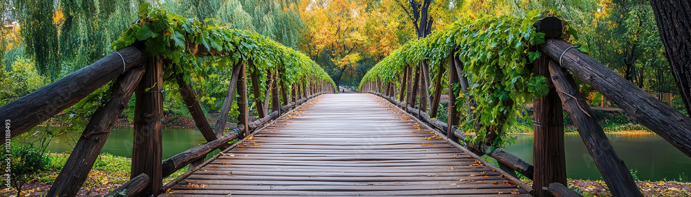 Obraz premium serene wooden pedestrian bridge surrounded by lush greenery and autumn colors