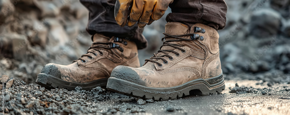 Sturdy work boots on rocky terrain, perfect for outdoor jobs Sturdy work boots on rocky terrain, perfect for outdoor jobs