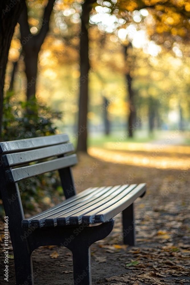 Empty bench in serene autumn park, morning light Empty bench in serene autumn park, morning light