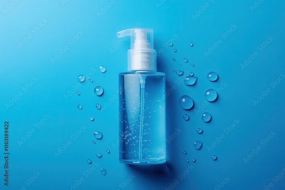 Clear bottle of refreshing toner or cleansing liquid equipped with a spray nozzle, positioned against a vibrant blue background, surrounded by water droplets to emphasize the hydration concept Clear bottle of refreshing toner or cleansing liquid equipped with a spray nozzle, positioned against a vibrant blue background, surrounded by water droplets to emphasize the hydration concept