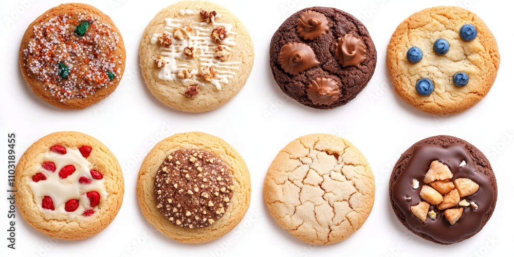 Eight different decorated cookies on a white background. Eight different decorated cookies on a white background.