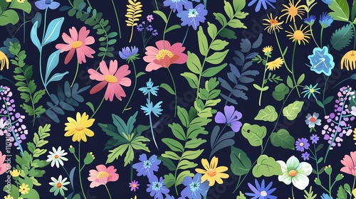 A colorful floral pattern with a dark background.