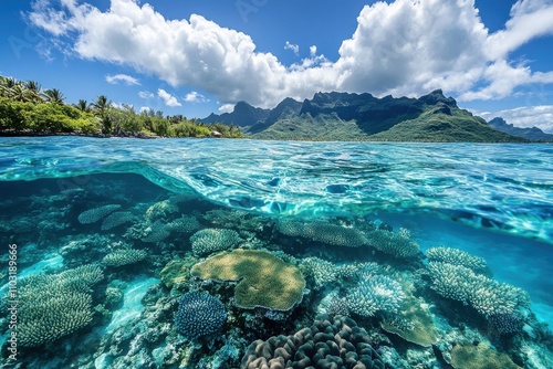 Vibrant blue seas of the south pacific reveal breathtaking coral reefs around. The crystal-clear waters highlight the island's stunning aquatic charm