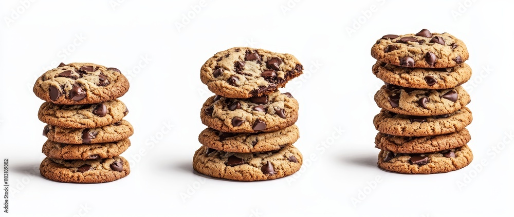Three stacks of chocolate chip cookies, one with a cookie on top that has a bite out of it, isolated on a white background. Three stacks of chocolate chip cookies, one with a cookie on top that has a bite out of it, isolated on a white background.