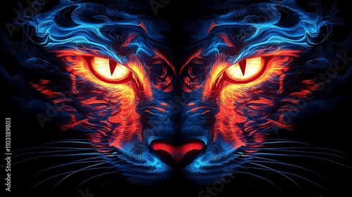 A vibrant, abstract depiction of a cat's face with glowing orange eyes, surrounded by swirling blue and purple light patterns.