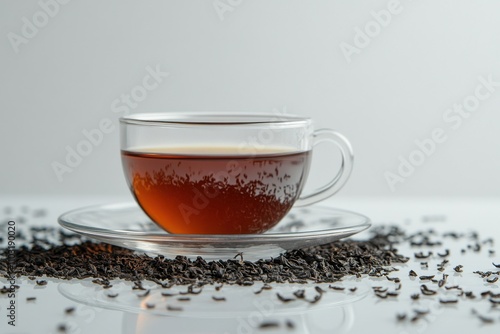 Isolated mug of earl grey tea nestled among strewed tea leaves on a clear surface photo