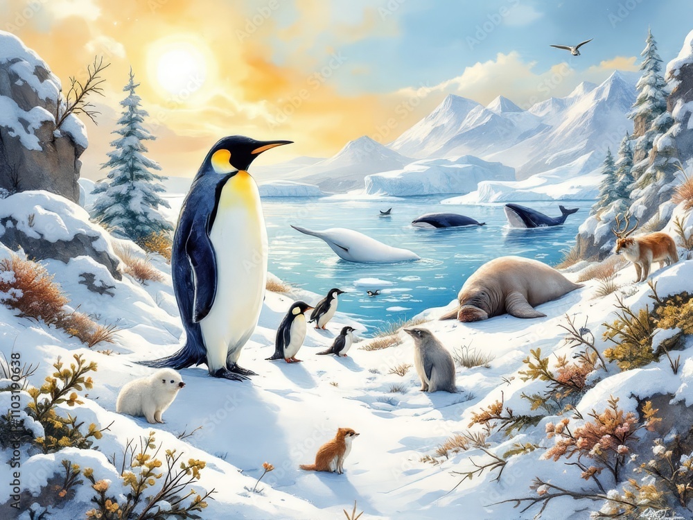 Fototapeta premium Hand-painted king penguin, Arctic & Antarctic wildlife watercolor.