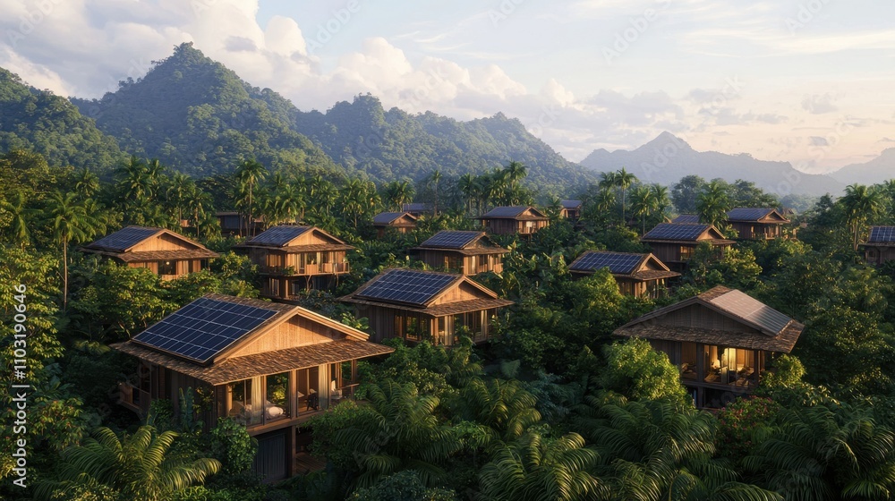 Eco-friendly housing development emphasizing environmental consideration in lush tropical mountains nature photography perspective Eco-friendly housing development emphasizing environmental consideration in lush tropical mountains nature photography perspective