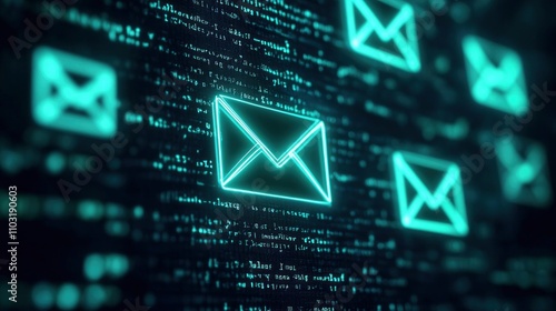 Digital background featuring cybersecurity and email icons on a glowing screen, representing data protection in online communication.