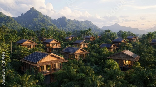 Eco-friendly housing development emphasizing environmental consideration in lush tropical mountains nature photography perspective