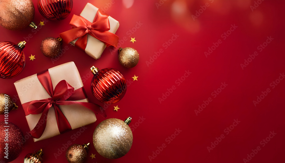 Top view 3D rendering, studio lights of a minimalistic of Christmas scene, gift box with balls and ornament decorated on red background. Top view 3D rendering, studio lights of a minimalistic of Christmas scene, gift box with balls and ornament decorated on red background.