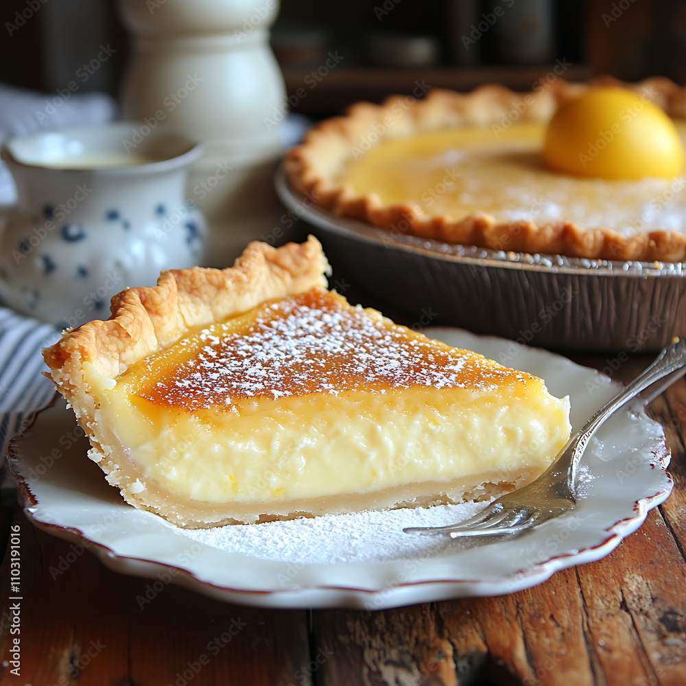 Delicious buttermilk pie slice on plate, showcasing creamy custard filling and flaky crust, perfect for dessert lovers Delicious buttermilk pie slice on plate, showcasing creamy custard filling and flaky crust, perfect for dessert lovers
