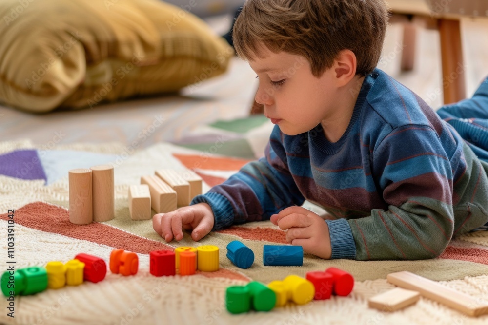 Child playing with colorful wooden blocks on a patterned rug. Early learning activity for creativity and problem-solving. Generative AI Child playing with colorful wooden blocks on a patterned rug. Early learning activity for creativity and problem-solving. Generative AI