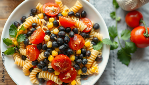 Bright mix pasta salad with black beans, tomato, jalapeno and corn close-up in a plate on the table. Vertical top view from above isolated highlighted by white, png