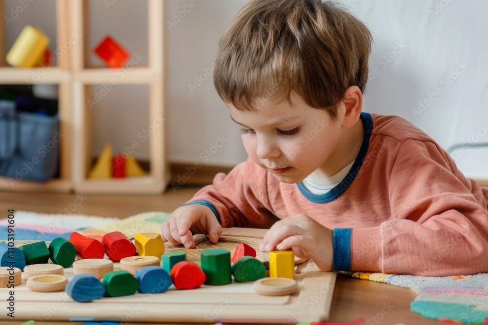 Child playing with colorful wooden blocks on a sorting board. Montessori-inspired activity for early childhood education and fine motor skill enhancement. Generative AI Child playing with colorful wooden blocks on a sorting board. Montessori-inspired activity for early childhood education and fine motor skill enhancement. Generative AI