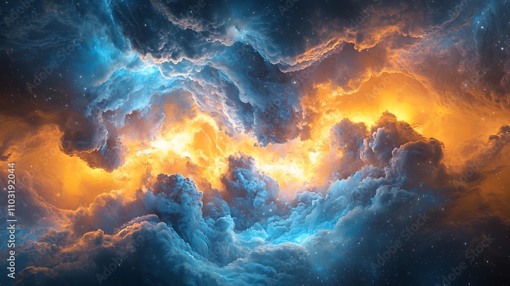 A vibrant cosmic scene featuring swirling clouds in shades of blue, orange, and gold, evoking a sense of wonder and the vastness of space. A vibrant cosmic scene featuring swirling clouds in shades of blue, orange, and gold, evoking a sense of wonder and the vastness of space.