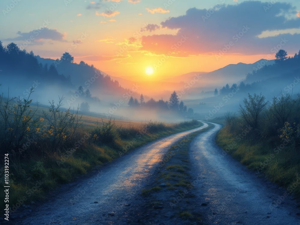 Golden hour hues paint a rural road, soft bokeh. Golden hour hues paint a rural road, soft bokeh.