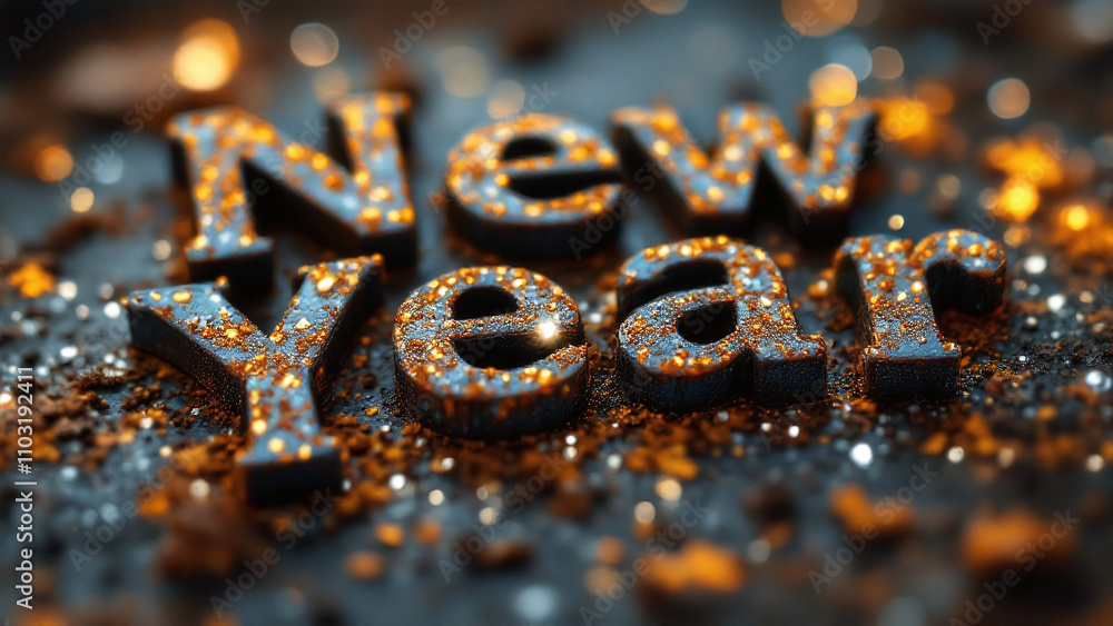 New Year text with a sparkling mood on a dark background New Year text with a sparkling mood on a dark background