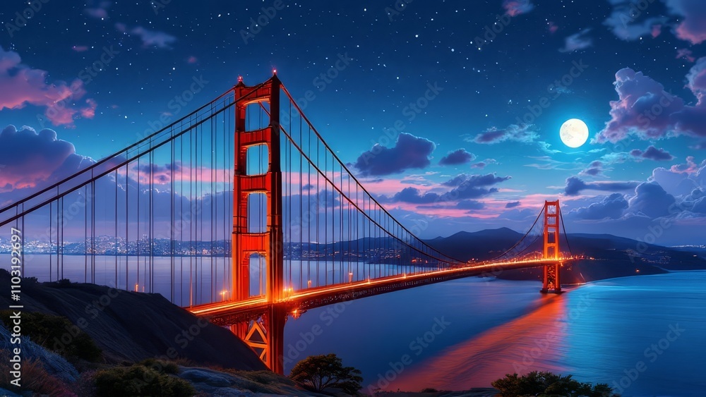 Naklejka premium Golden Gate Bridge night view, San Francisco, a recreation area.