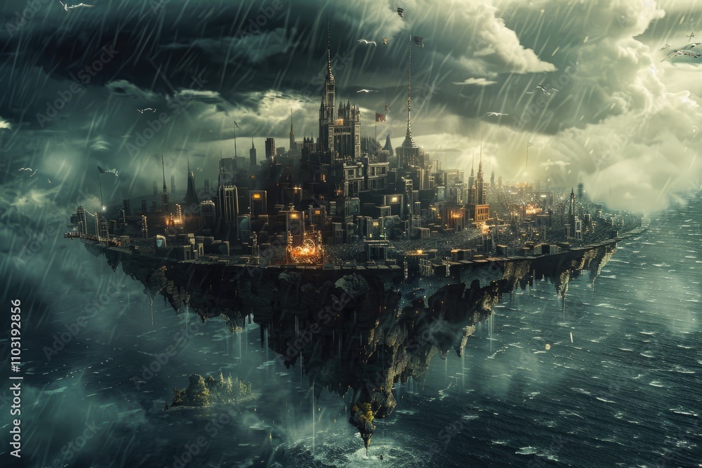 Fototapeta premium A Floating City Under a Stormy Sky