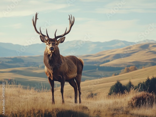 Deer stands in a grassy field with its head held high. Concept of freedom and strength, as the deer appears to be unafraid and confident in its surroundings