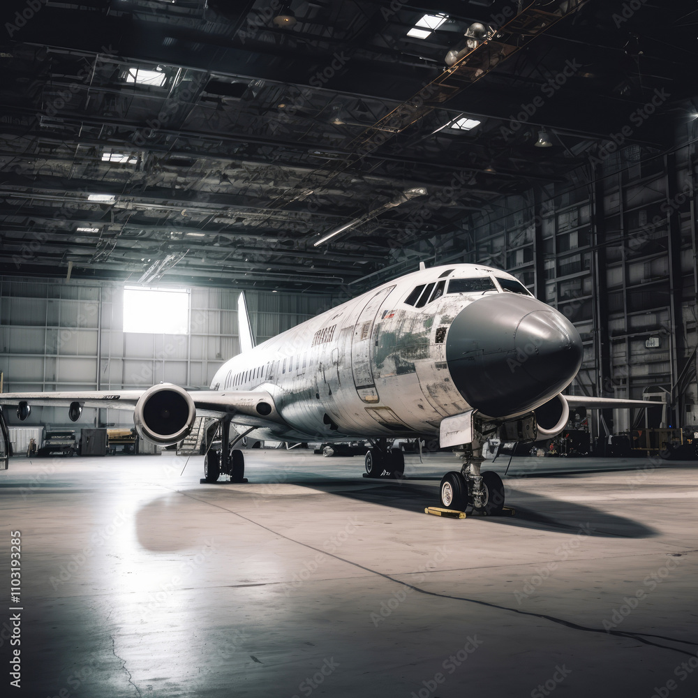 generated illustration of passenger airplane on maintenance of engine and fuselage check repair in airport hangar. generated illustration of passenger airplane on maintenance of engine and fuselage check repair in airport hangar.