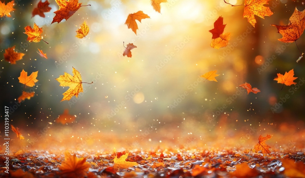 Autumn leaves falling down on a forest floor with bokeh lights and a sun glare. Autumn leaves falling down on a forest floor with bokeh lights and a sun glare.