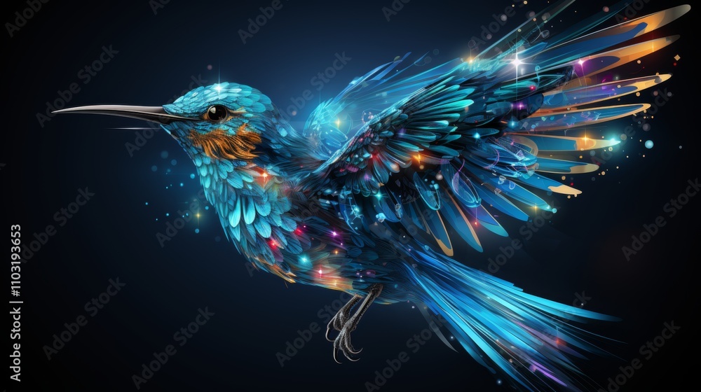 Obraz premium Concept of harmonious data flow illustrated by a dynamic digital hummingbird in graceful motion