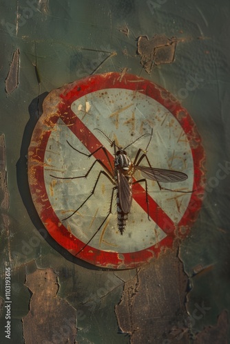 Sign with a red circle and a black line in the middle that says no mosquitoes. A mosquito is on the sign photo